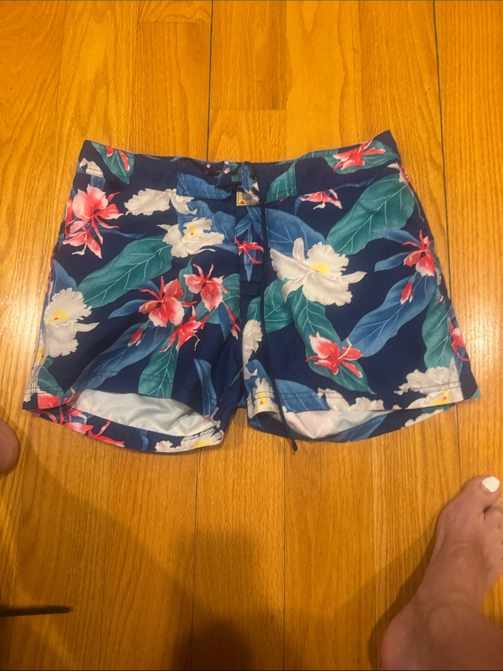 Sundek Navy Floral Swim Trunks with Green Leaves and Pink Flowers